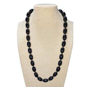 Vintage Black Beaded Necklace Gold-tone separator beads 24 Inches Elegant Oval